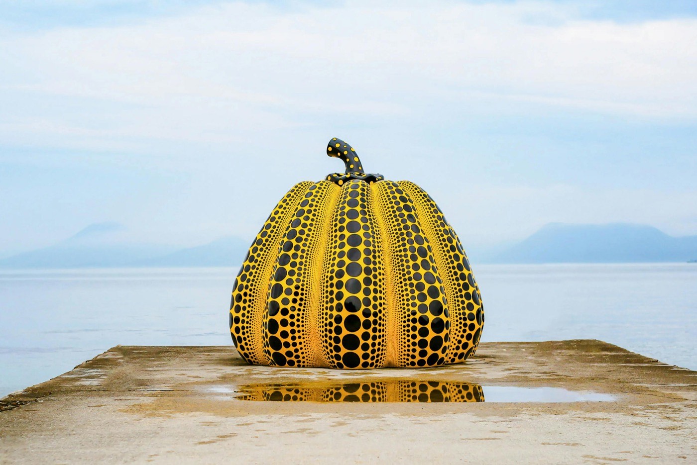 Yellow Pumpkin Sculpture On Naoshima Pier